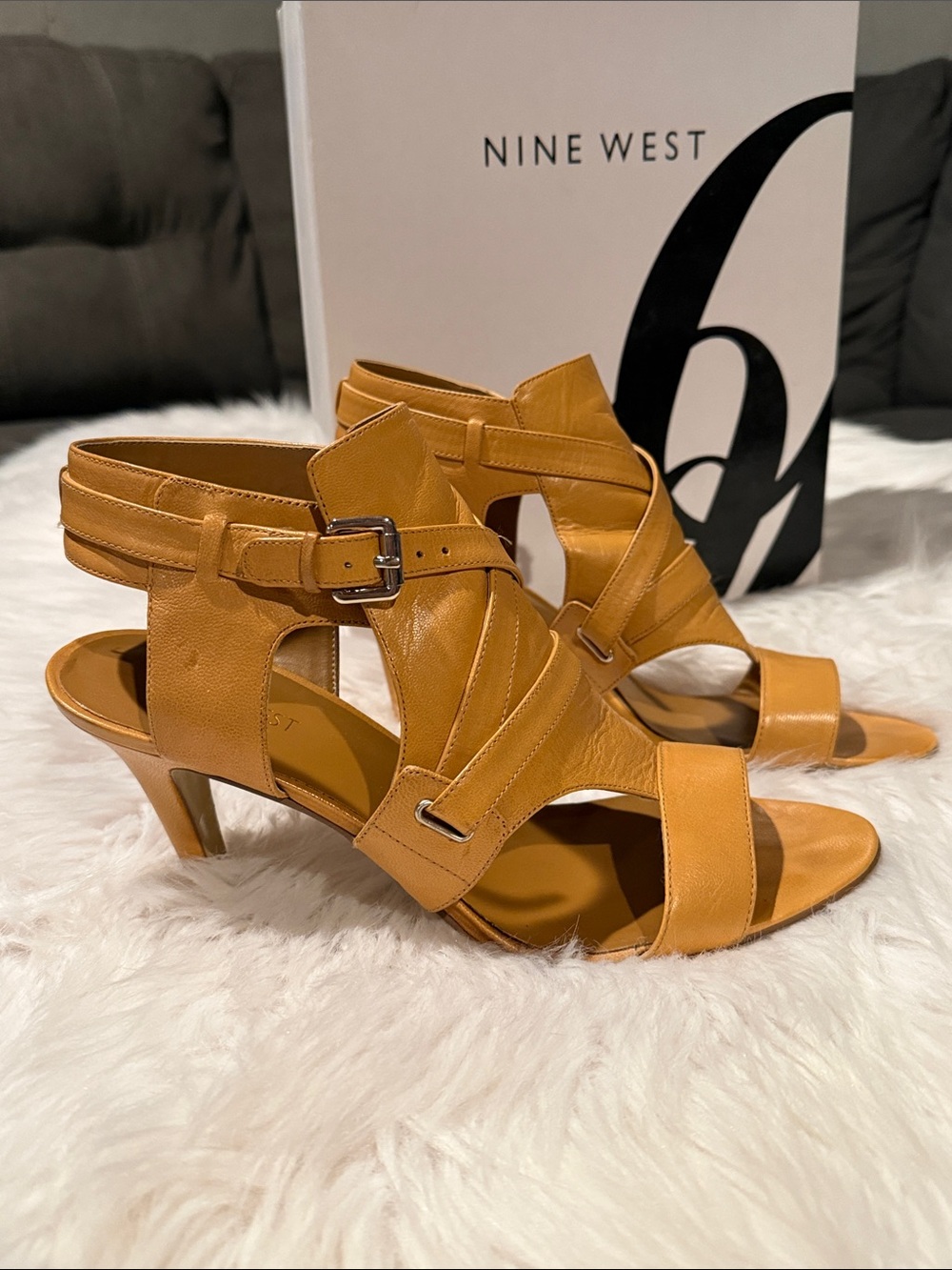 Nine West Tan Strappy Mid-Heel Sandals